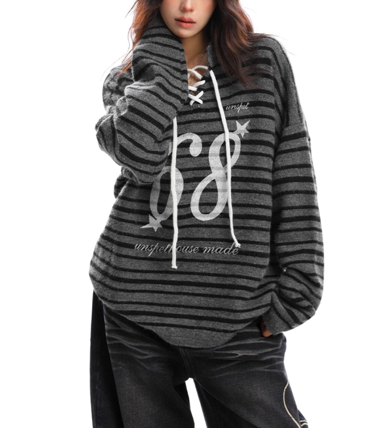 Loose Mixed Color Stripe Lace-up Sweater