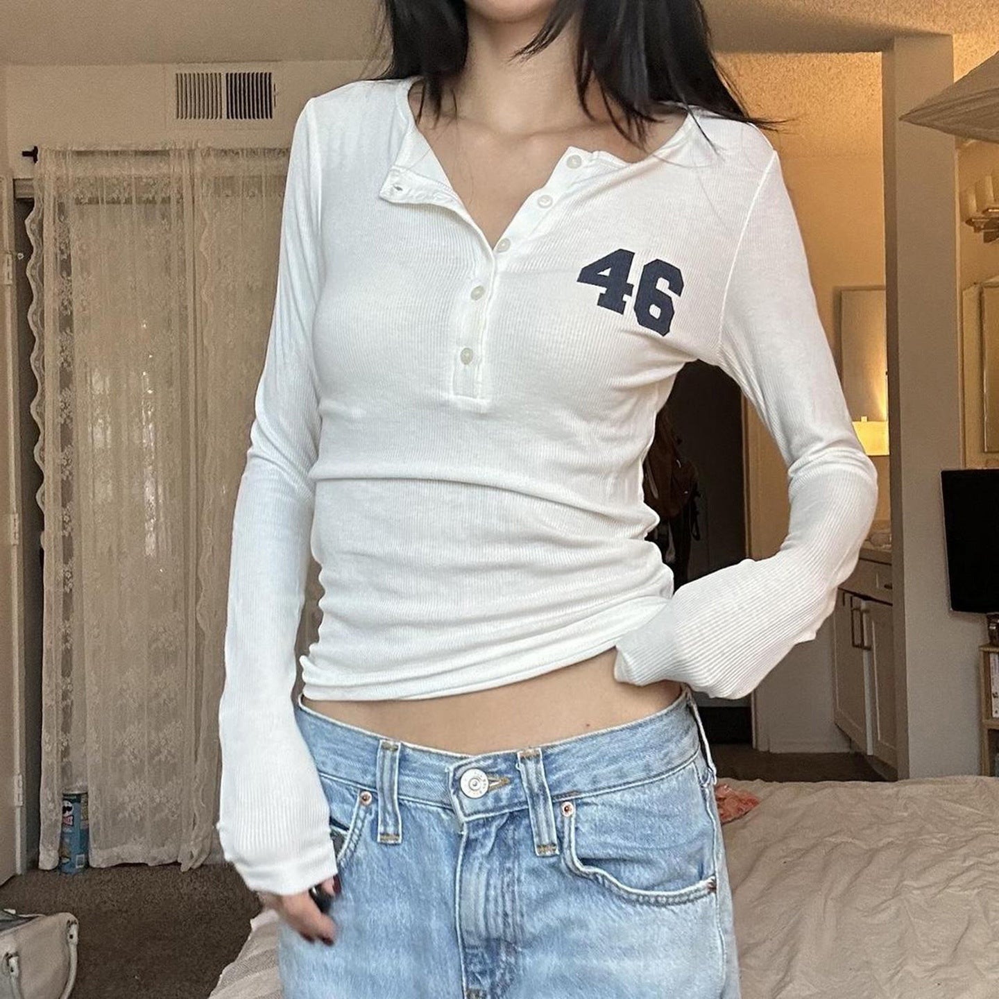 Button-down Semi-open-collar Slim-fit Long-sleeve Casual Top