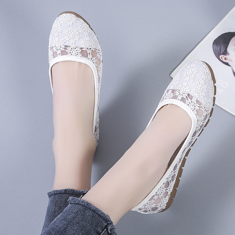 Lace Mesh Hollow Round Toe Shallow Mouth Mom Shoes