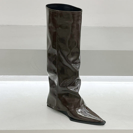 Wedge Pants Boots High Leg Pointed Toe Black Patent Leather Fried Street