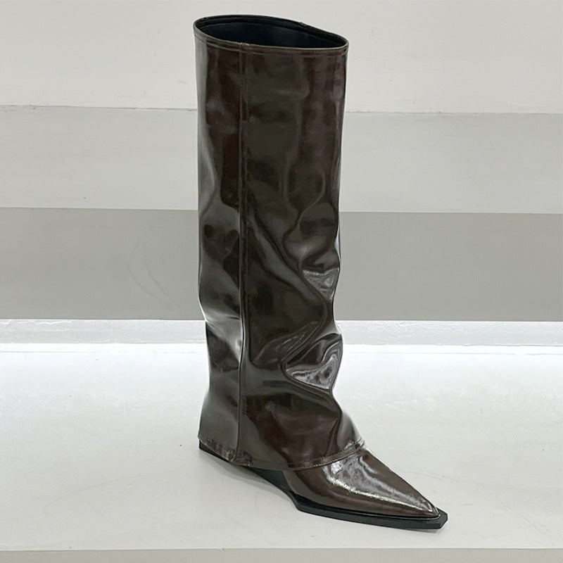 Wedge Pants Boots High Leg Pointed Toe Black Patent Leather Fried Street
