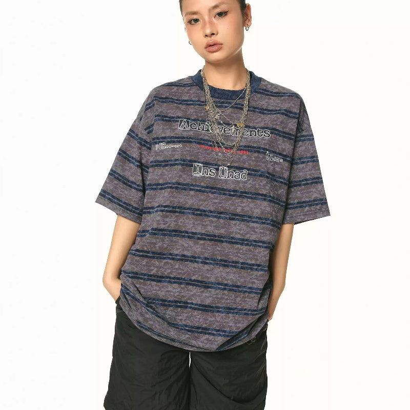 Retro Loose Striped Printed T-shirt Women's Summer Tie-dye