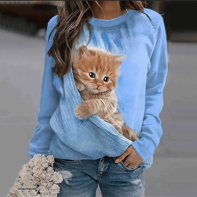 Løs Kat 3D Digital Print Langærmet Rundhals Sweater Dame