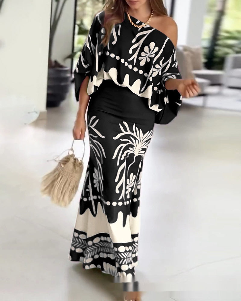 Printed Lantern-sleeve Loose-fit Top Set