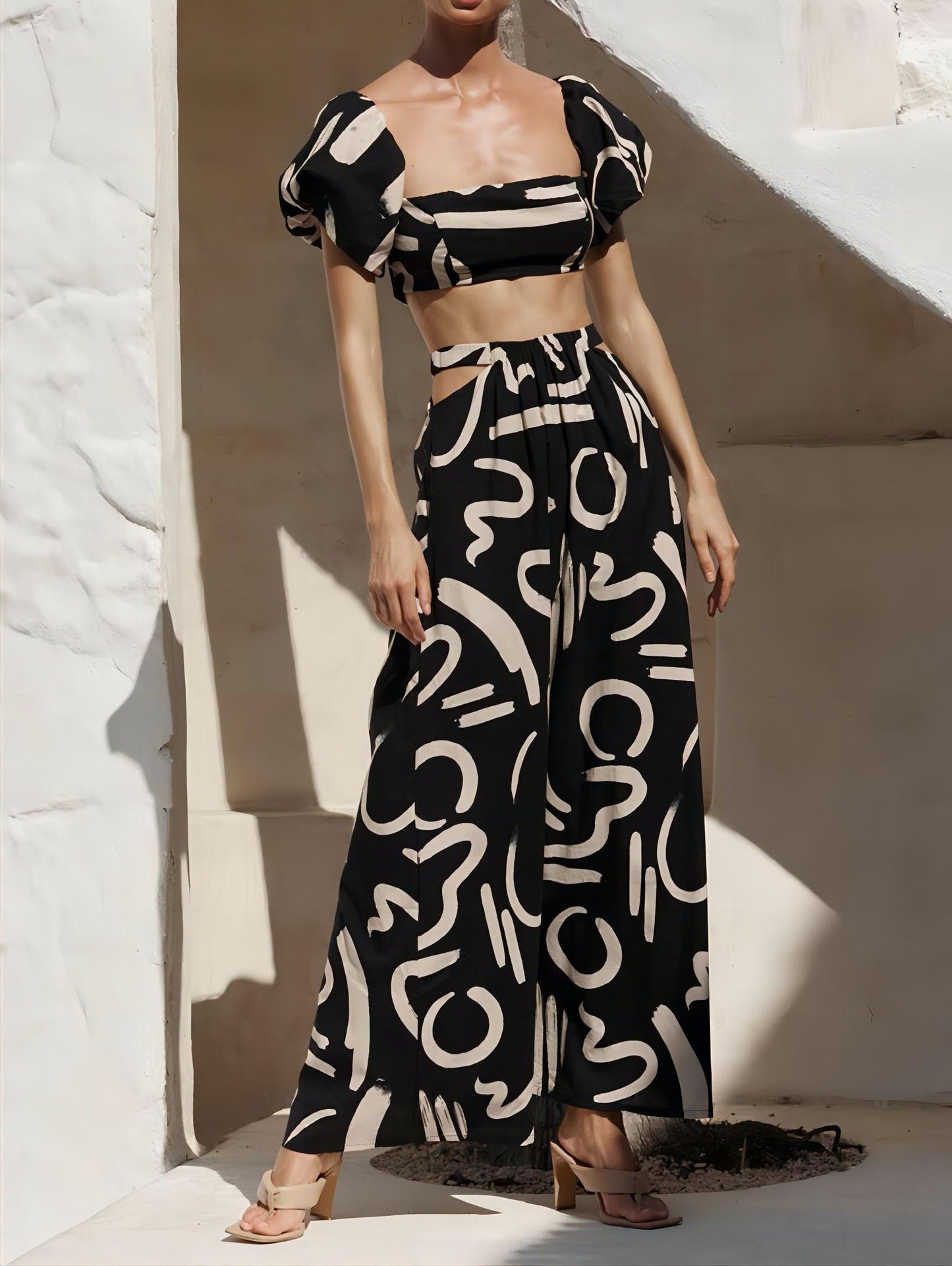 Women's Bubble Sleeve Hollow-out Large Swing Dress Split Skirt Suit