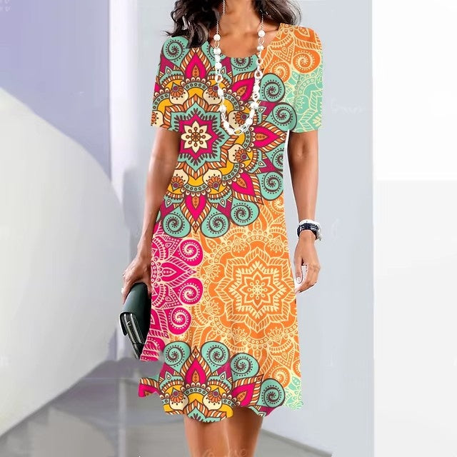 Womens Summer Classic 3D Digital Print Fashion Short-Sleeve Dress