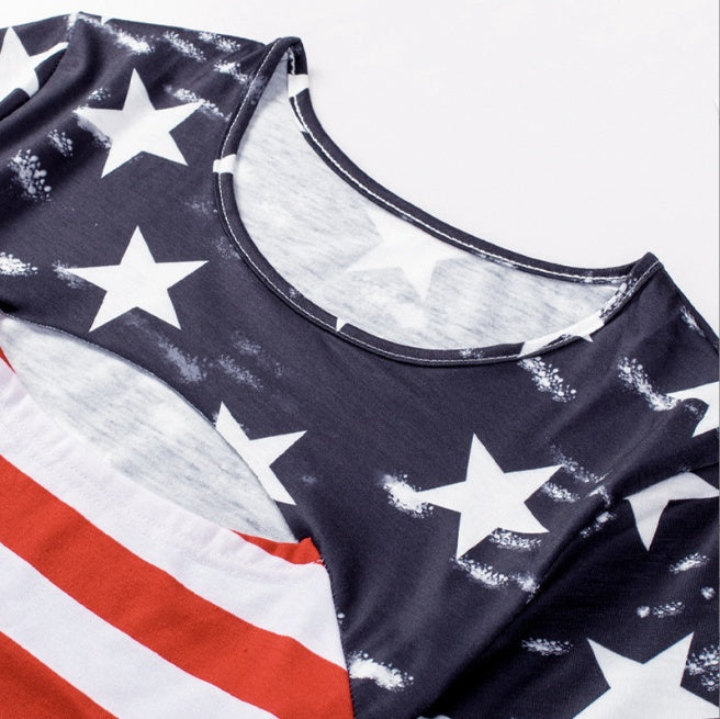 Printed Hollow Striped T-shirt Women's Simple All-match Round Neck Contrast Color Top