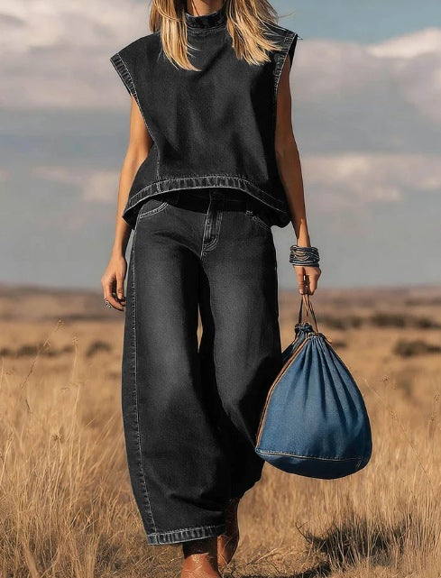 Western-style Sleeveless Wide-leg Cropped Suede Velvet Suit