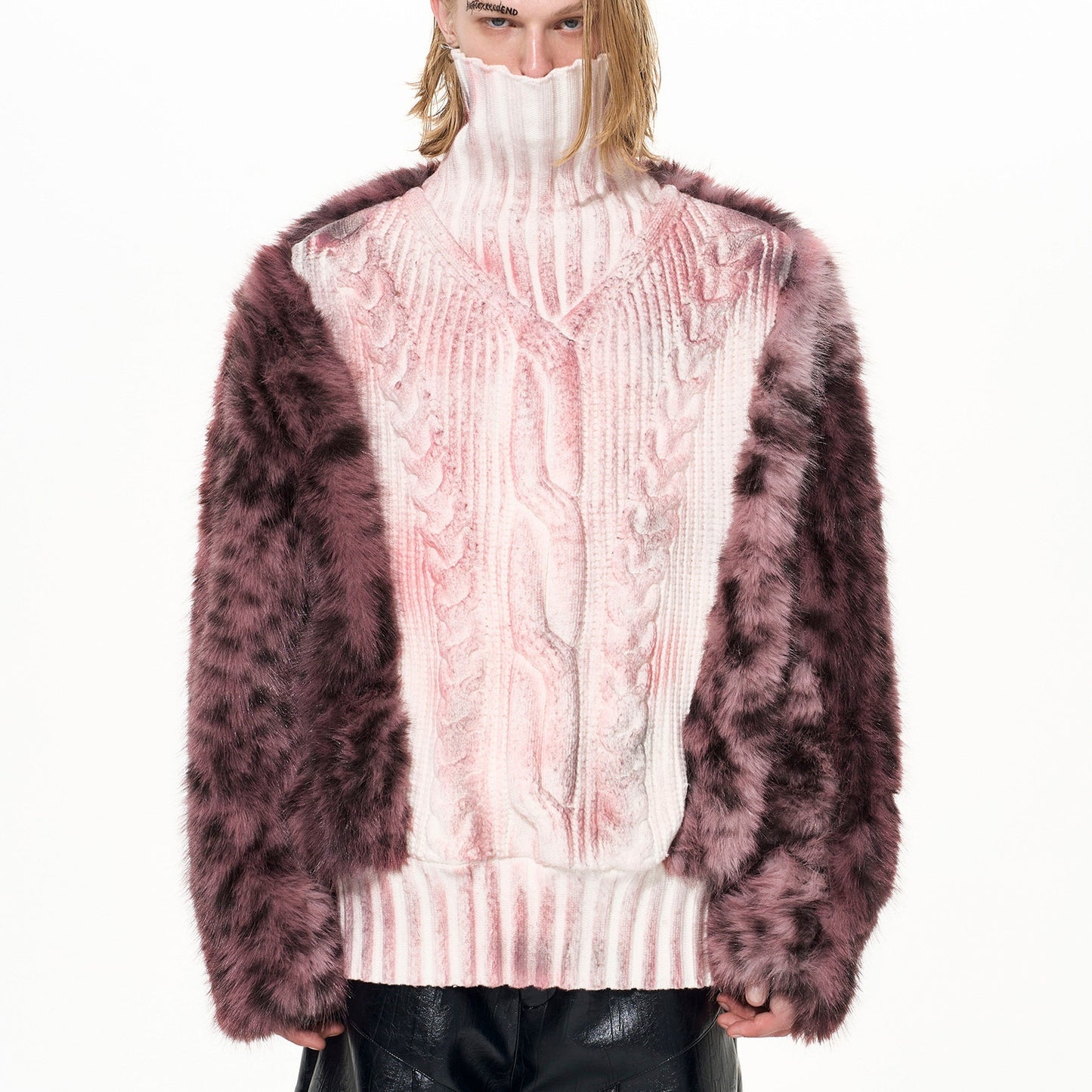 Mens Light-Luxury Leopard-Print Fur-Panelled Turtleneck Sweater