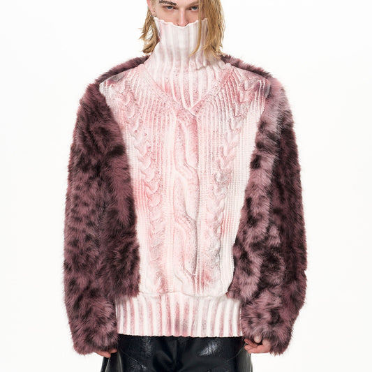 Mens Light-Luxury Leopard-Print Fur-Panelled Turtleneck Sweater