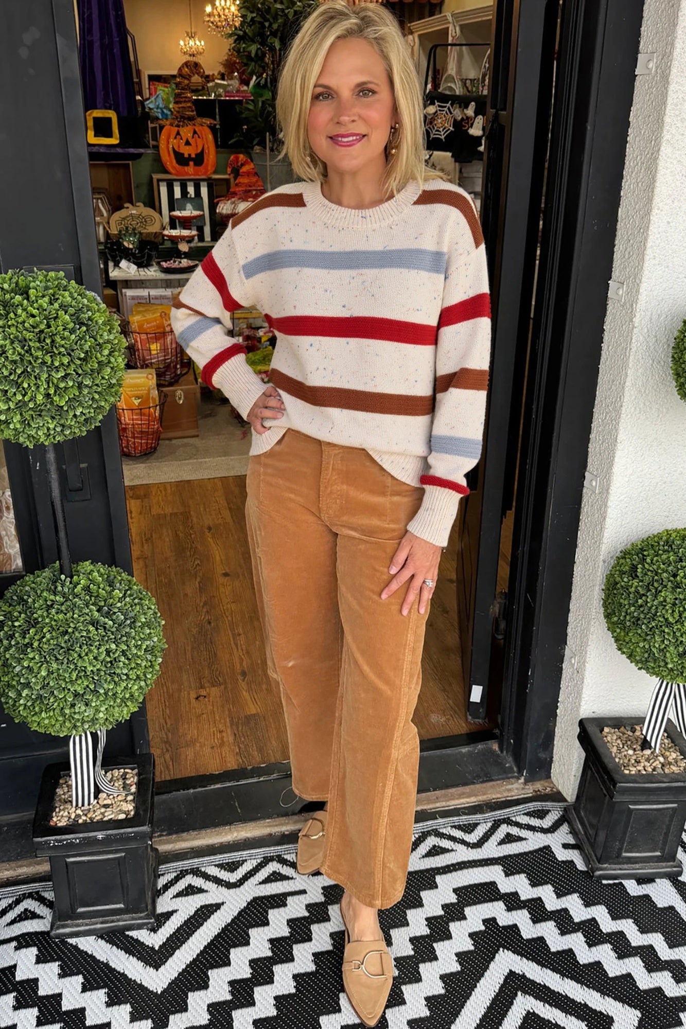 Beige Striped Off-shoulder Knit Top With Topstitching