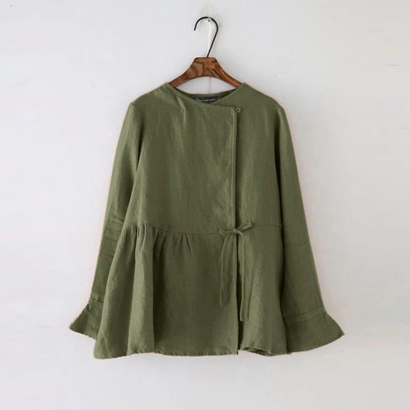 Womens Cotton Waist-Cinching Long-Sleeve Crew-Neck Button-Front Blouse With Ties
