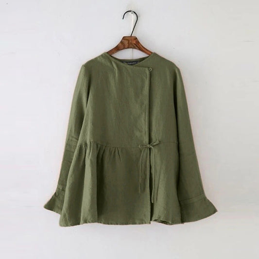 Womens Cotton Waist-Cinching Long-Sleeve Crew-Neck Button-Front Blouse With Ties