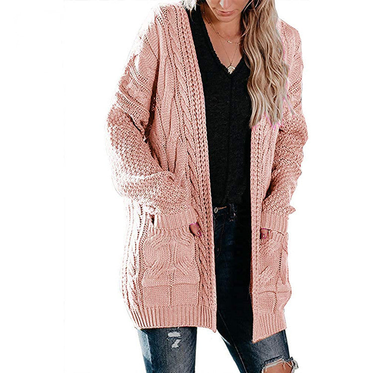 Women's Mid-length Twist Pocket Knitted Cardigan Sweater