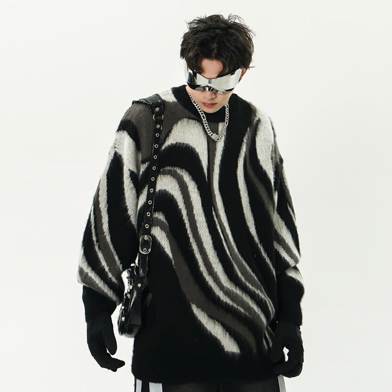 Zebra Pattern Hema Wool Round Neck Sweater Men Fashion Brands American Loose Casual Long Sleeves Top