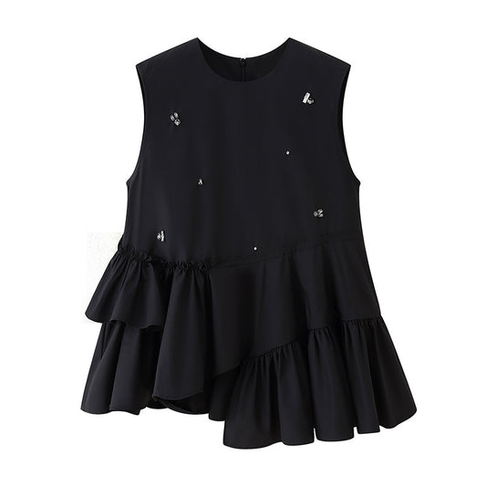 Irregular Design Beaded Ruffled Sleeveless Shirt For Women