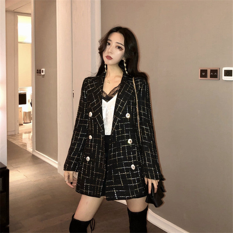 Small Sweet Milk Plaid Suit Double-breasted Jacket