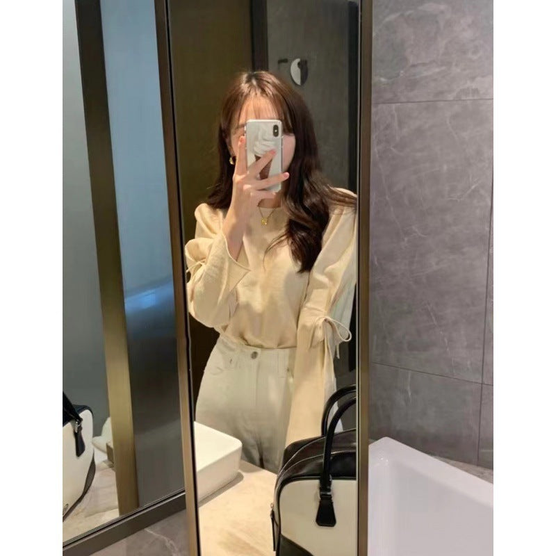 Lace-up Solid Color Gentle And All-match Round Neck Long Sleeve Shirt