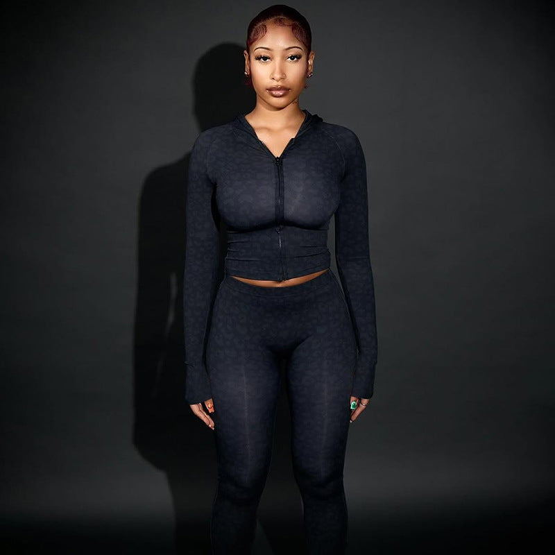 Leopard Print Sporty Slim-fit Pants Two-piece Set