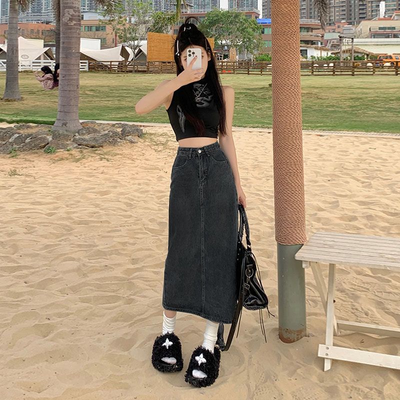 High-waisted Slit Denim Skirt A-line Midi Skirt