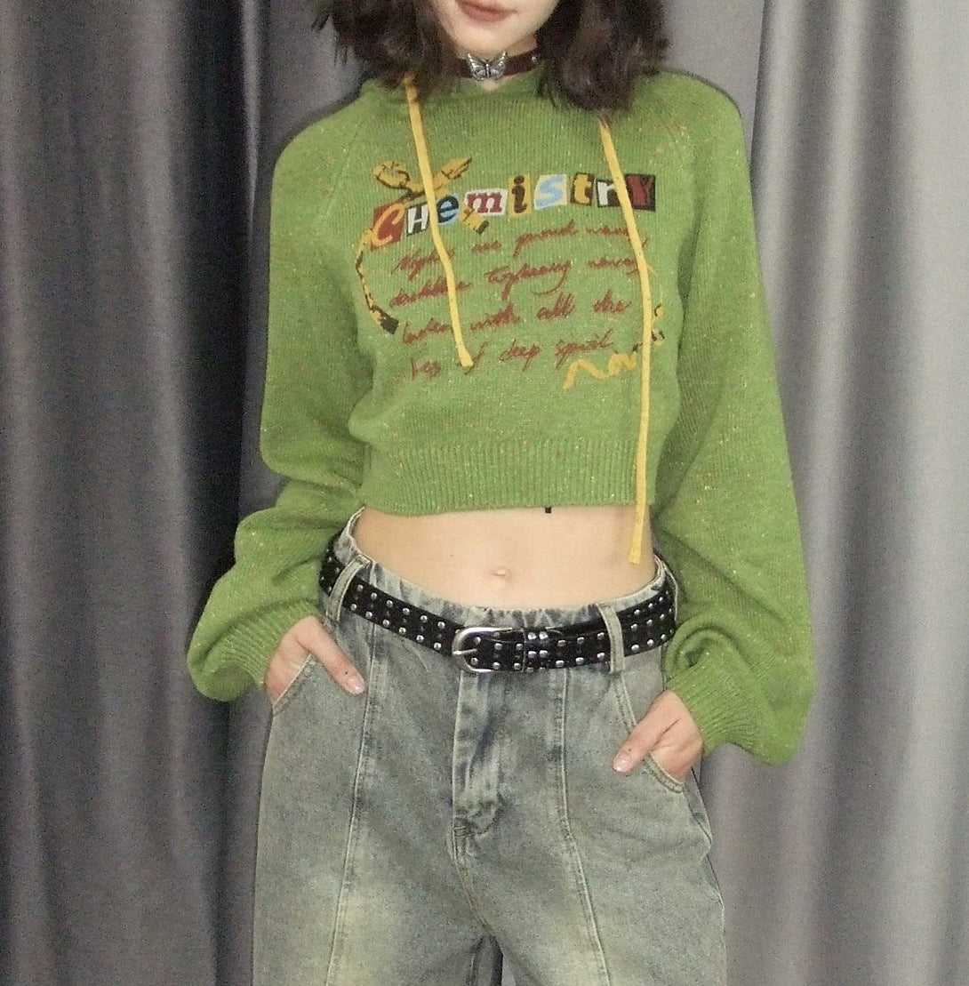 Retro Hooded Short Raglan Sleeve Coat Age-reducing Hand-painted Printed Sweater