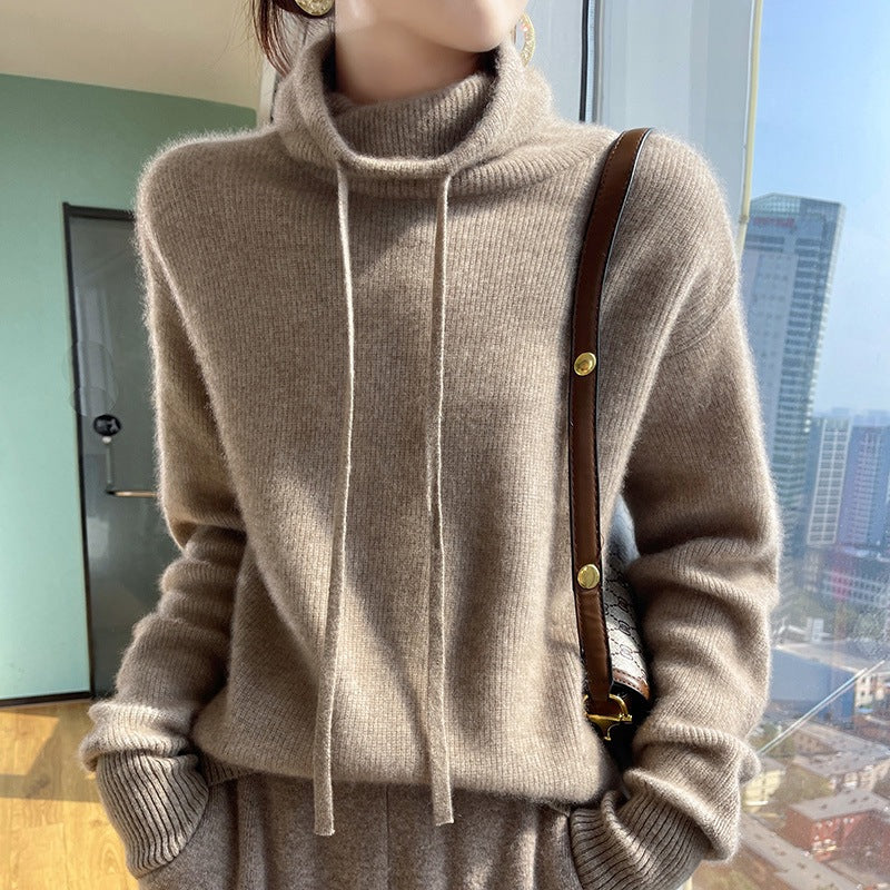 Autumn And Winter Cashmere Sweater Women's Turtleneck Drawstring Loose Thick Pullover Sweater