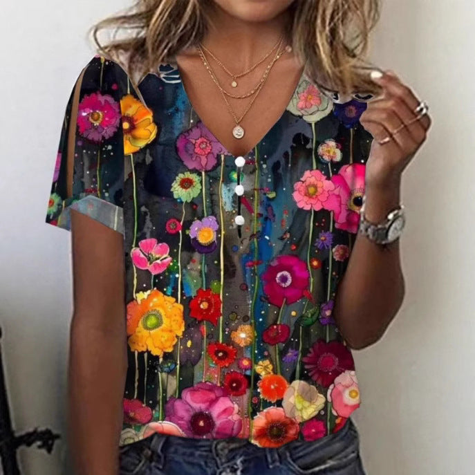 Floral Print Button Spring And Summer Women's Clothing T-shirt Short Sleeve