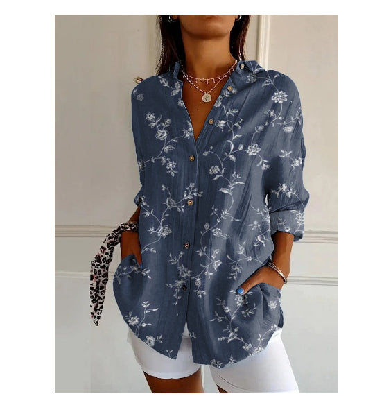 3D Color Matching Printing Pattern Autumn Leisure Loose Shirt Button Top