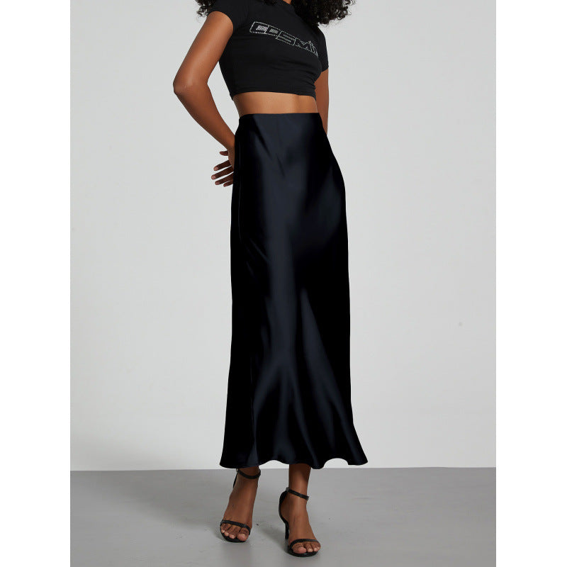 Dame Slim Fit Satin Nederdel Mode Smart Ensfarvet Lang Nederdel