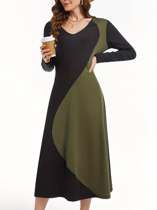 Color-Block Patchwork V-Neck T-Shirt Long-Sleeve Dress