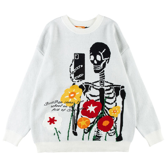 Funny Skull Crew Neck Sweater Embroidery