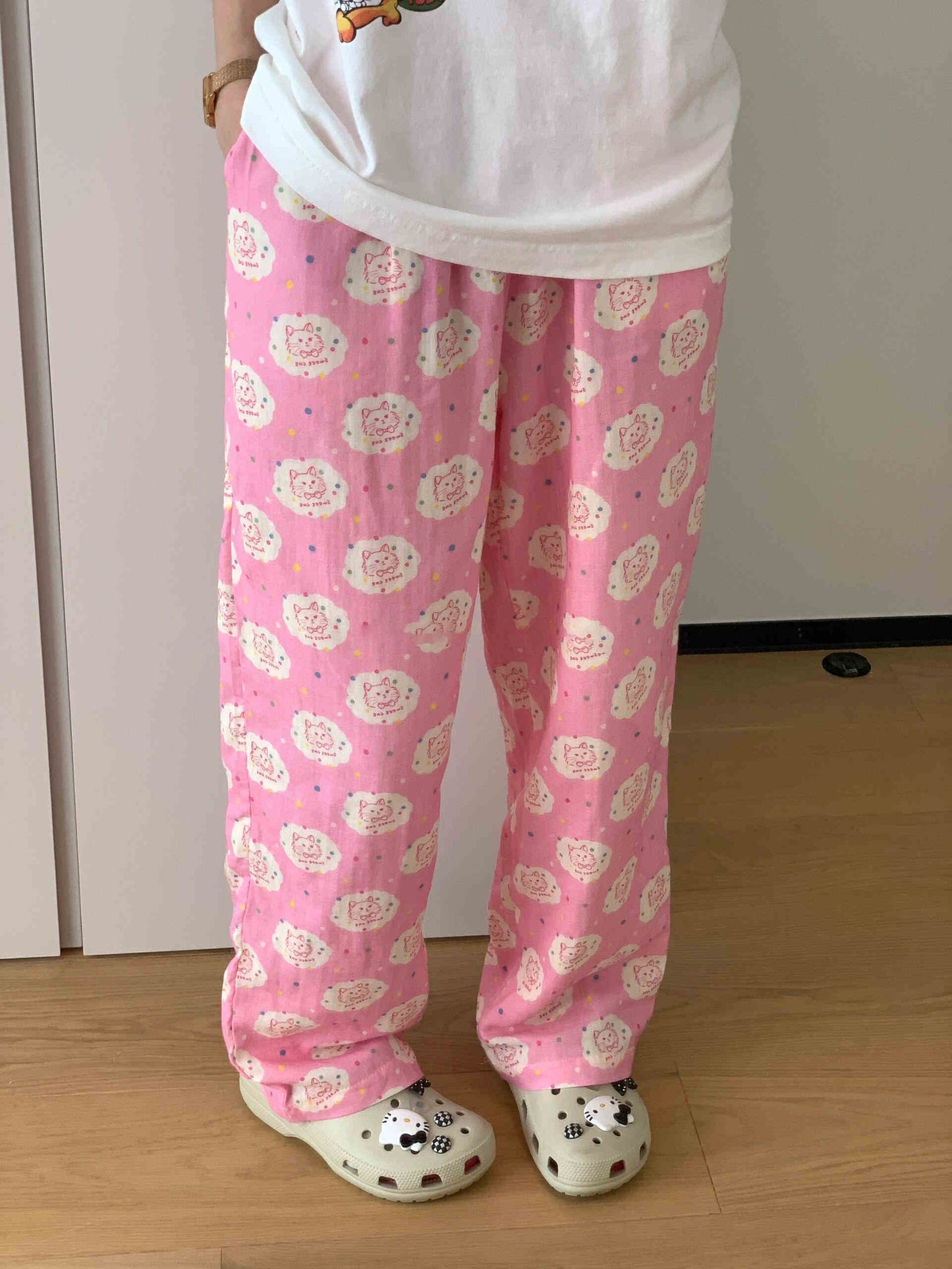 Cute Cat Print Pajama Pants Women's Plus Size Loose Casual Pants