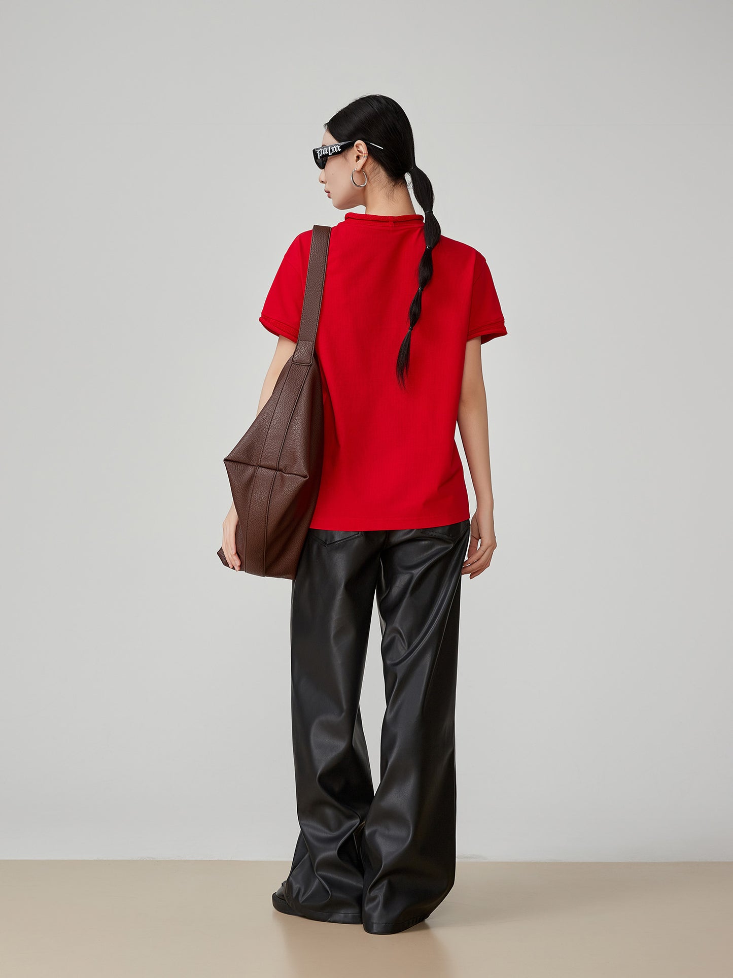 New Chinese Style Red Embroidery Curling Shoulder T-shirt For Women