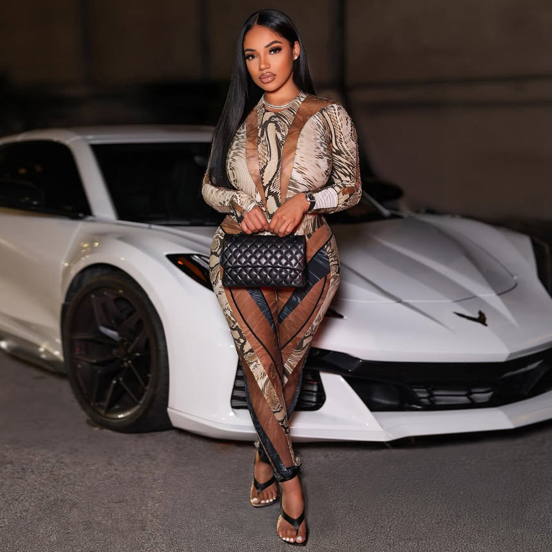 Personalized Snake-Print Bodycon Sexy Jumpsuit And Pants Set