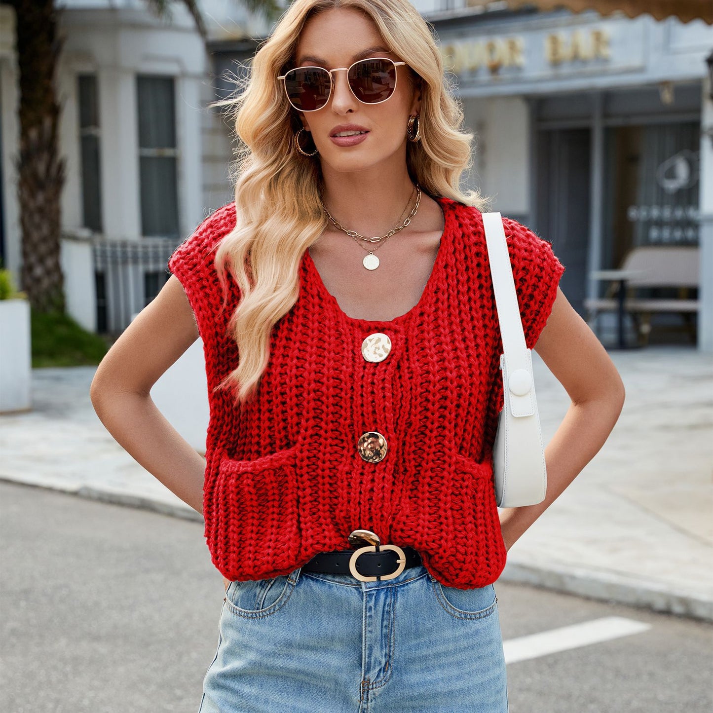 Women's V-neck Three-button Sleeveless Cardigan