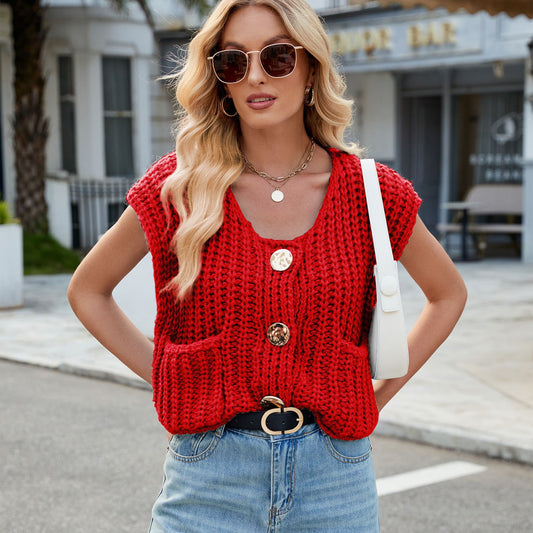 Women's V-neck Three-button Sleeveless Cardigan