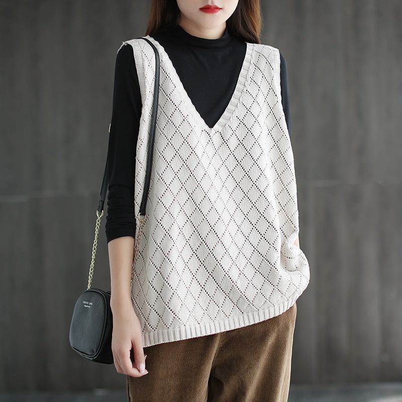 Womens Retro Loose-Neck Hollow-Out Knitted Vest