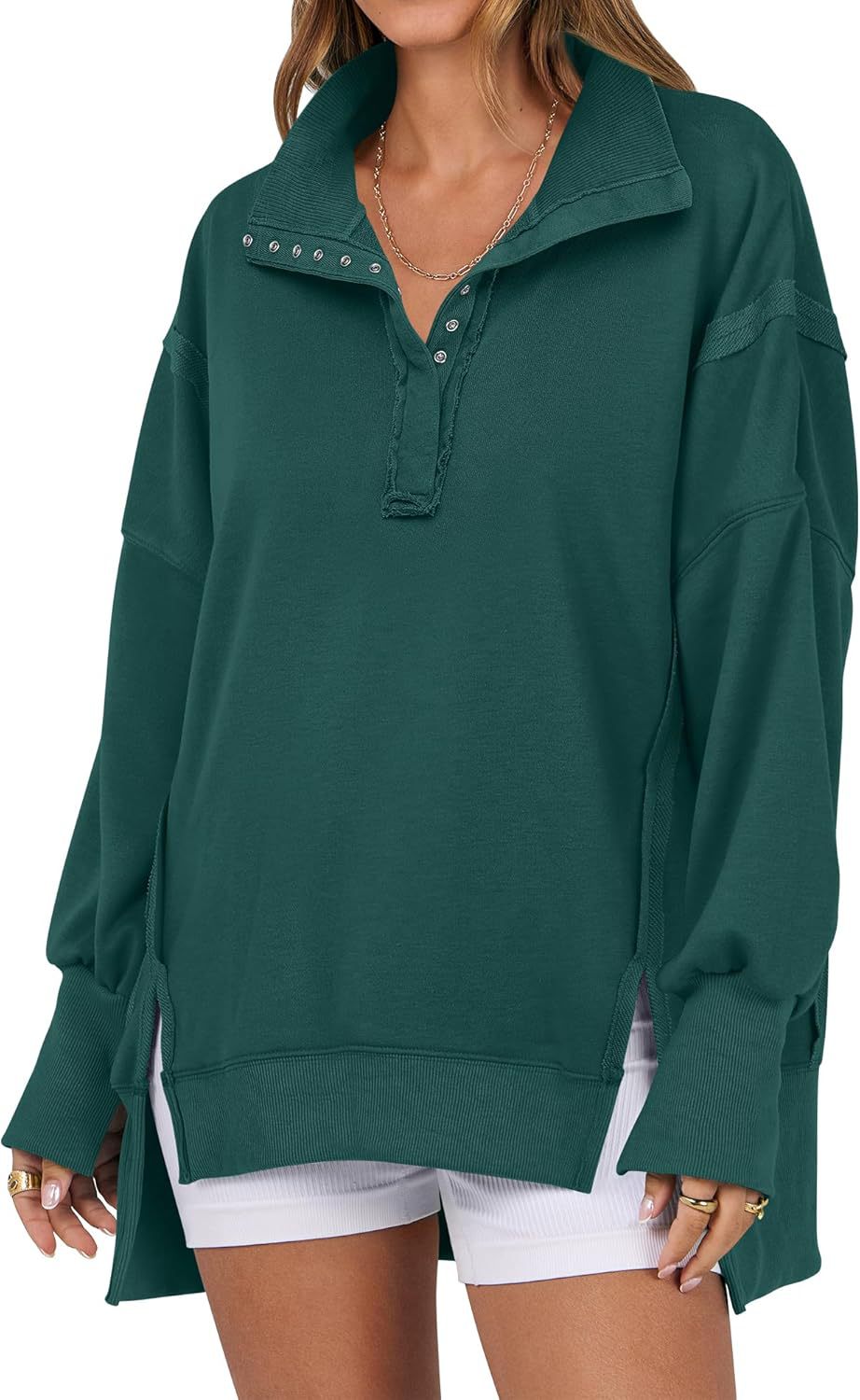 Decorative Moulding Design Blouse Split Lantern Sleeve Polo Collar Sweatshirt