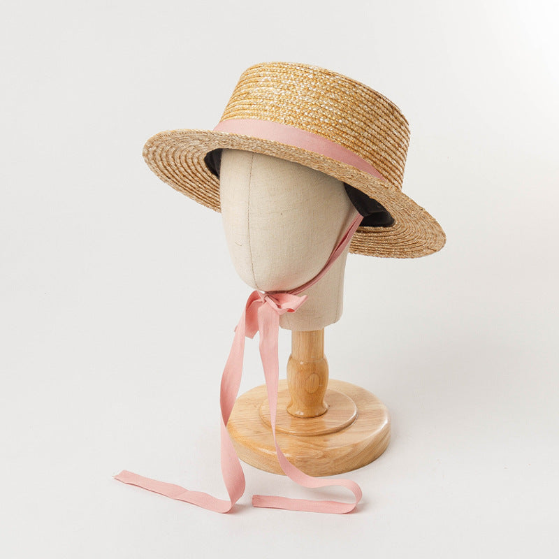 Children's Straw Flat Sun Hat With Strap
