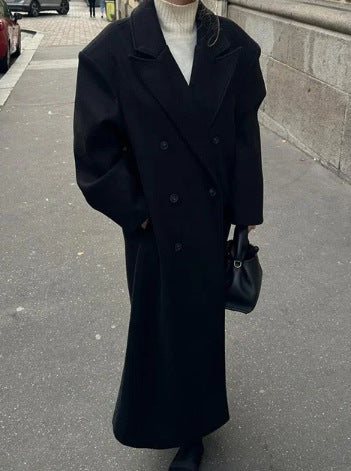 Long Wool Coat With A Business Suit-style Collar For Commuting