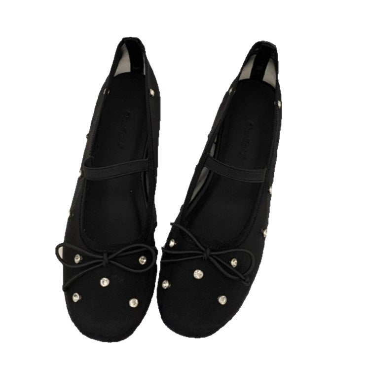 Summer Rhinestone-embellished Mesh Ballet Flats