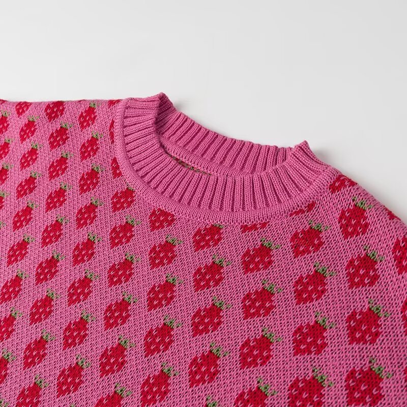 Stylish Minimalist Versatile Strawberry Jacquard Knit Sweater