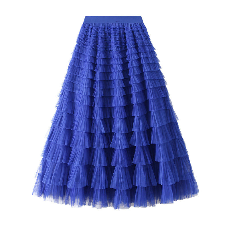Line Mesh Ruffle Skirt Women's Temperament Sweet Long Skirt Slim Cupcake Dress Womens Clothing