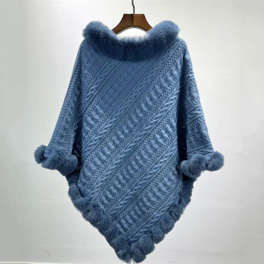 Fur Collar Oversized Knit Pullover Shawl Cloak