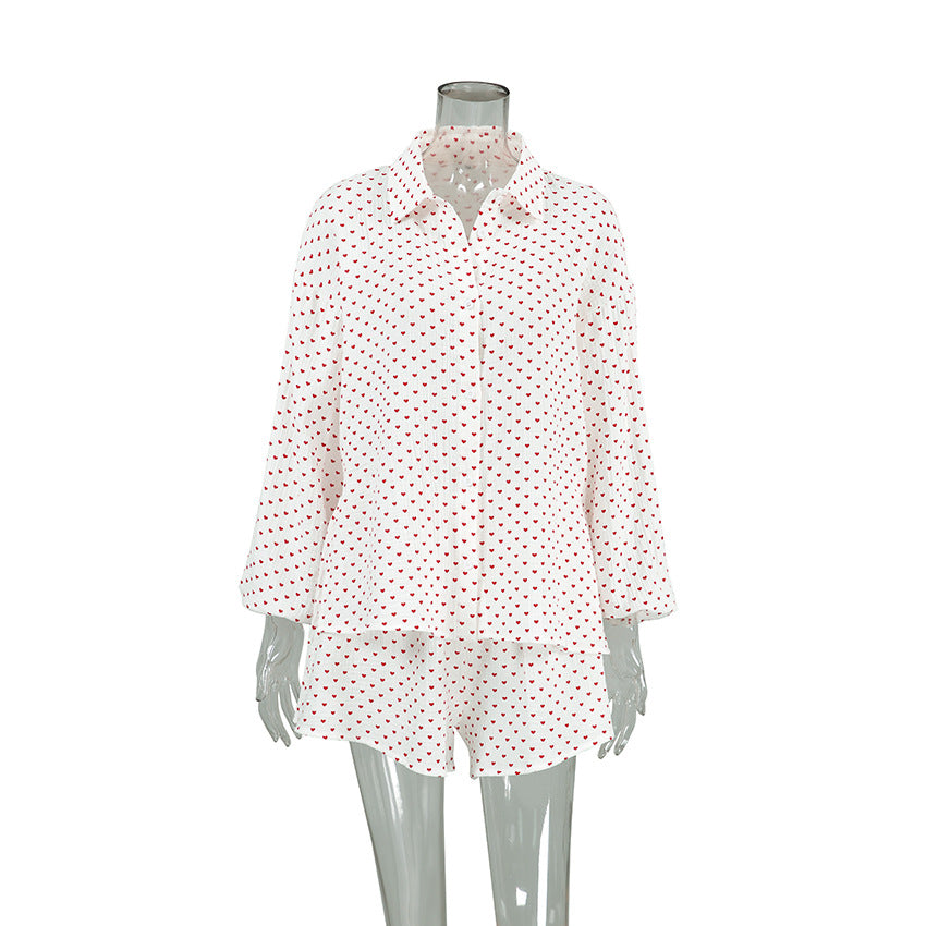White Heart-Print Cotton Long-Sleeve Short-Pants Pajama Set Home Wear