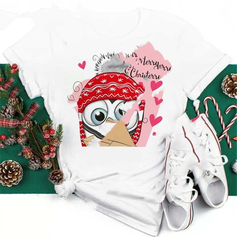Christmas Penguin Owl Print Women's Black T-Shirt