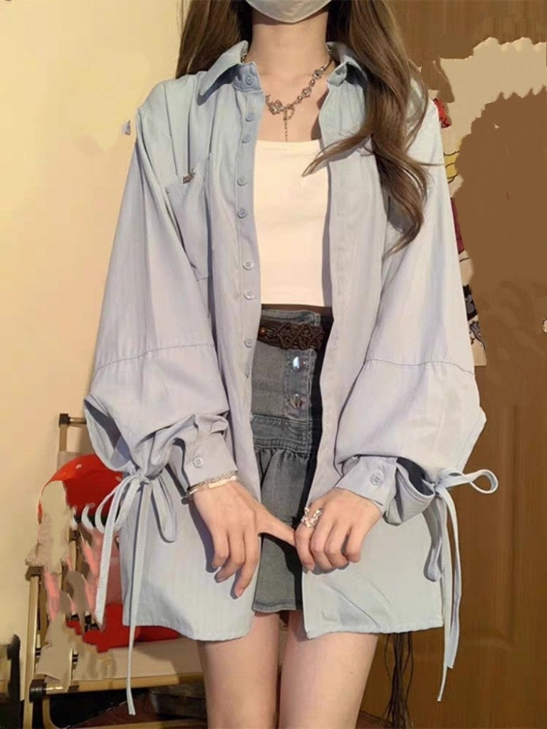 French Blue Bow Long Sleeve Shirt