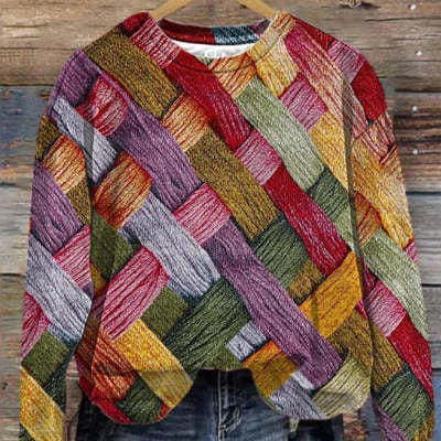 Printed Patchwork Round Neck Raglan Long Sleeve Women's Sweater