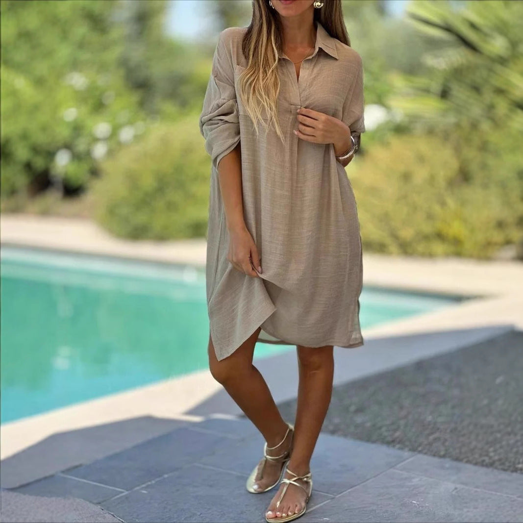 Casual Loose Beach Short-Sleeve Shirt Dress For Women