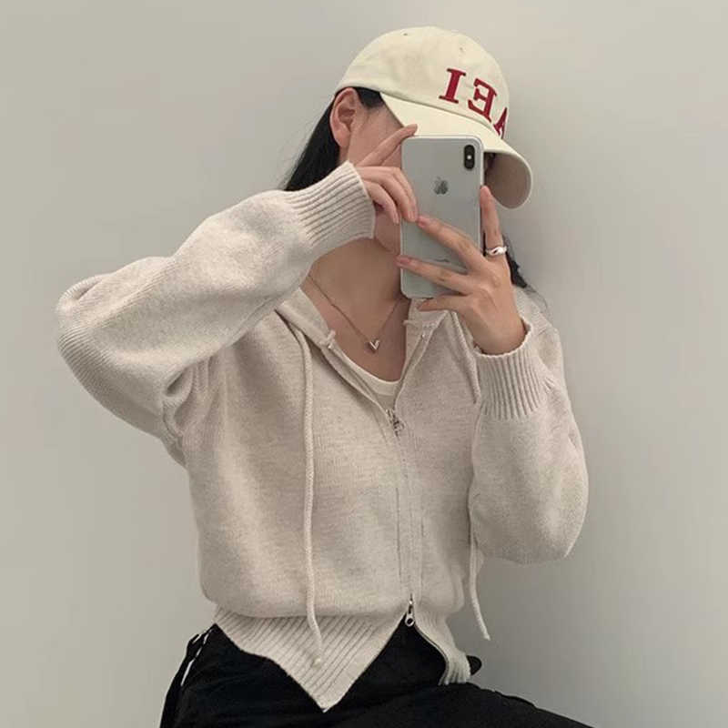 Double Zipper Loose Casual Long Sleeves Hooded Sweater Coat